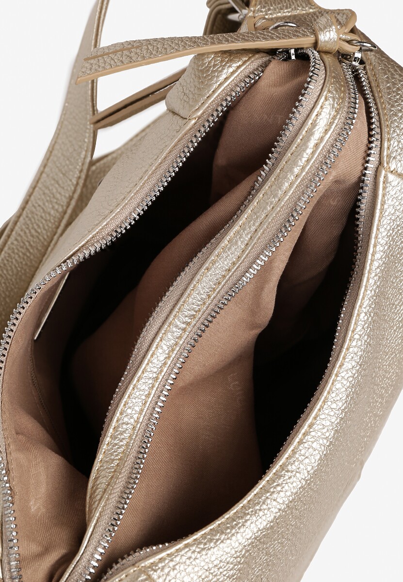 Złota Torebka Hobo z Paskiem z Możliwością Regulacji Zdobiona Suwakami Tenina