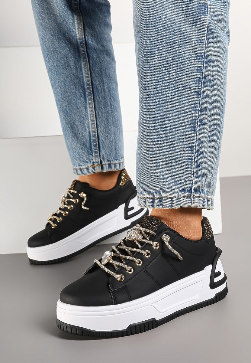 Czarne Sneakersy na Platformie Ozdobione Cyrkoniami Deomaria