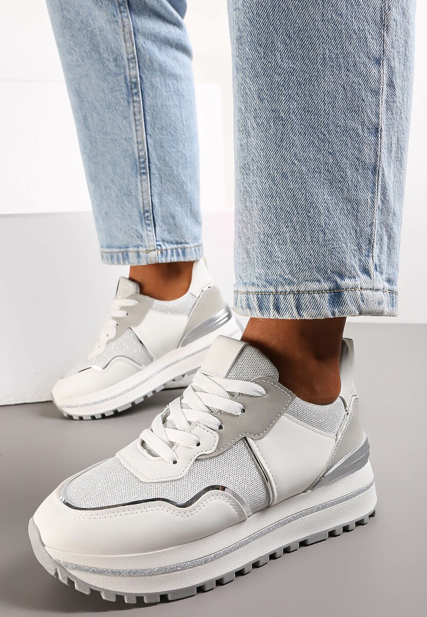 Białe Sneakersy z Cholewką przed Kostkę Ozdobione Brokatem Telse