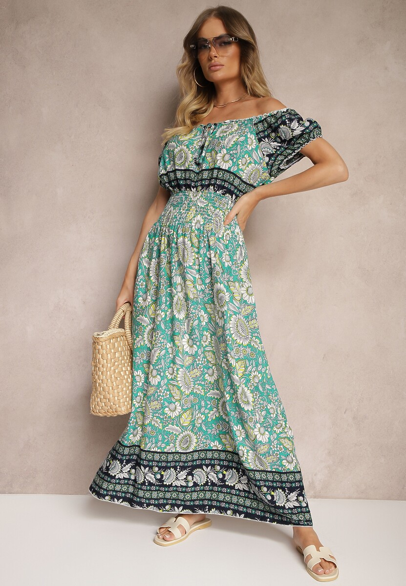 Zielona Rozkloszowana Sukienka z Bawełny w Kwiatowy Wzór z Marszczoną Gumką w Talii Viarena