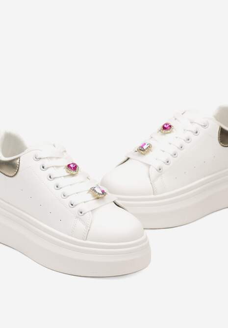 Biało-Złote Sneakersy na Platformie z Aplikacjami na Sznurówkach Neveahra