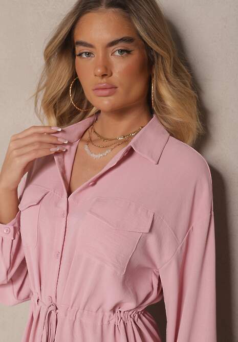 Różowa Sukienka Koszulowa z Bawełną Ozdobiona Wiązaniem Uladrisa