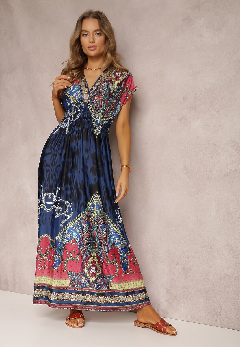 Granatowa Sukienka o Kopertowym Kroju w Ornamentalny Print Nalori