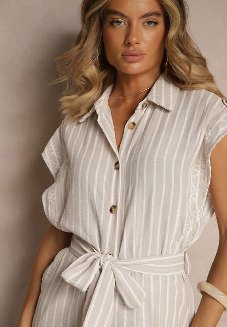 Beżowy Koszulowy Kombinezon z Bawełny z Wiązanym Paskiem Amevilia