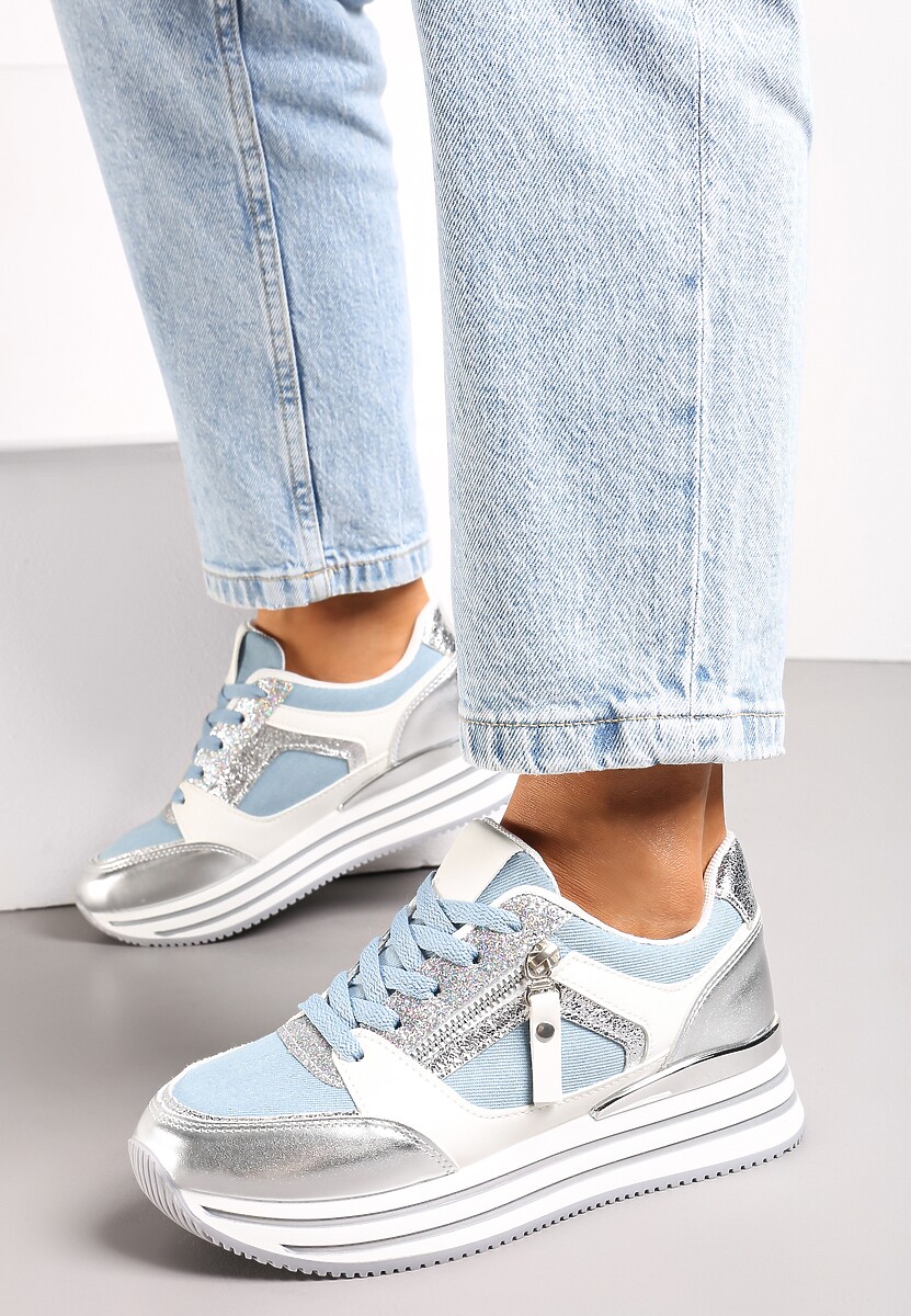 Niebieskie Brokatowe Sneakersy na Grubej Podeszwie ze Sznurowaniem i Suwakiem Irollia