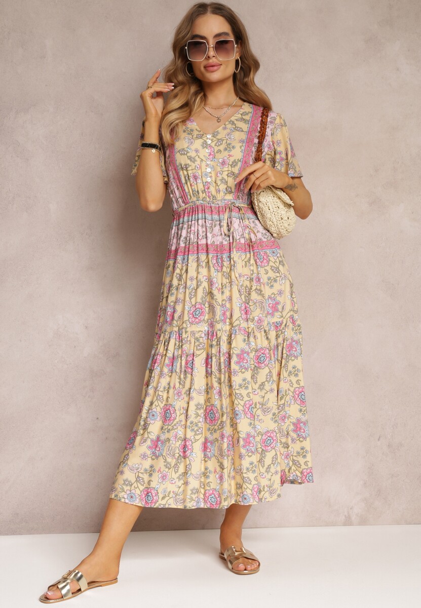 Żółta Kwiecista Sukienka Midi z Gumką w Pasie i Falbanką przy Rękawach Hachitane