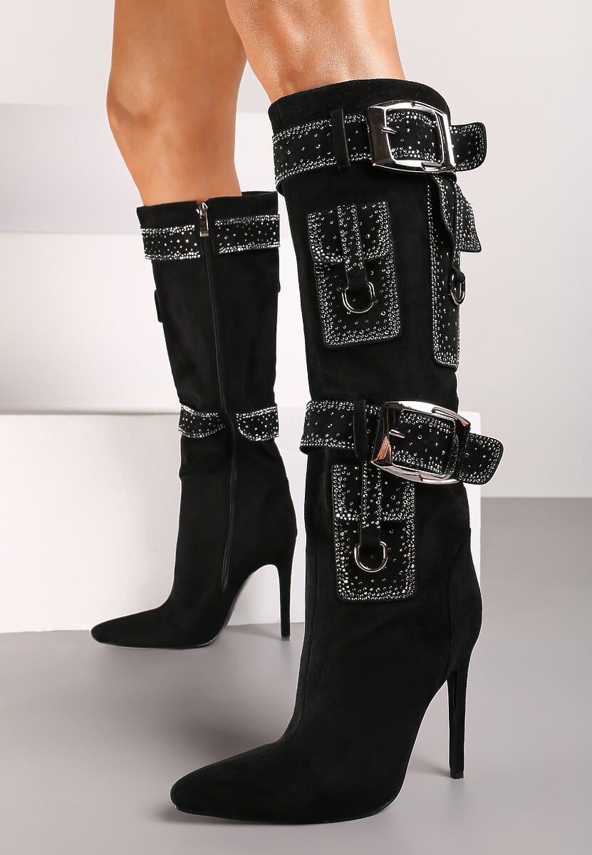 Czarne Kozaki na Obcasie Ozdobione Klamrami Kieszonkami i Cyrkoniami Ansirea