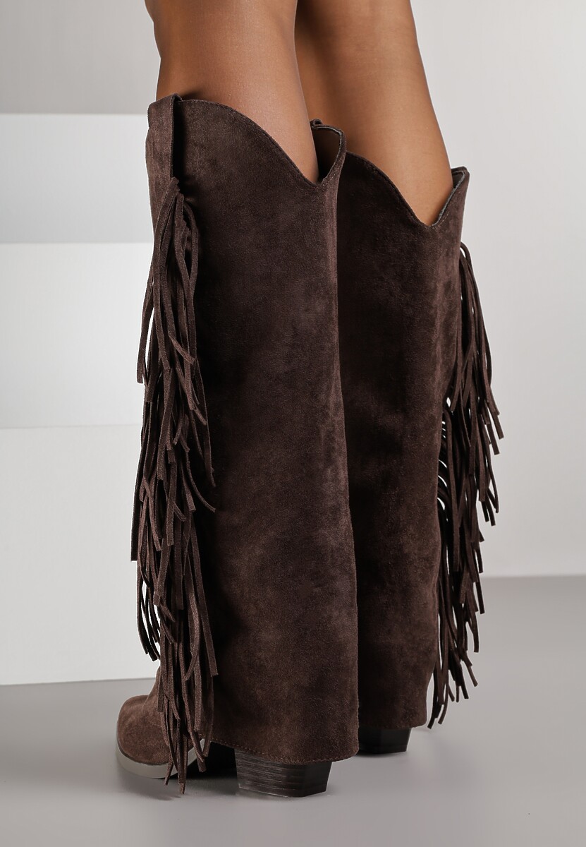 Ciemnobrązowe Kozaki Kowbojki na Stożku z Cholewką Imitującą Nogawkę z Frędzlami Monettea