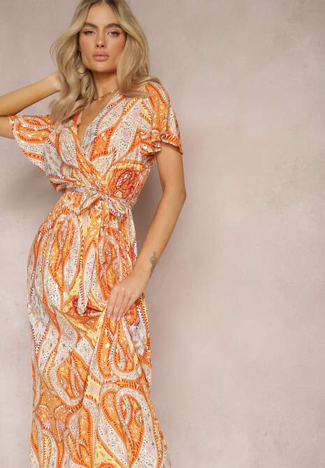 Pomarańczowa Rozkloszowana Sukienka o Kopertowym Fasonie z Paskiem i Ozdobnym Wzorem Briarwin