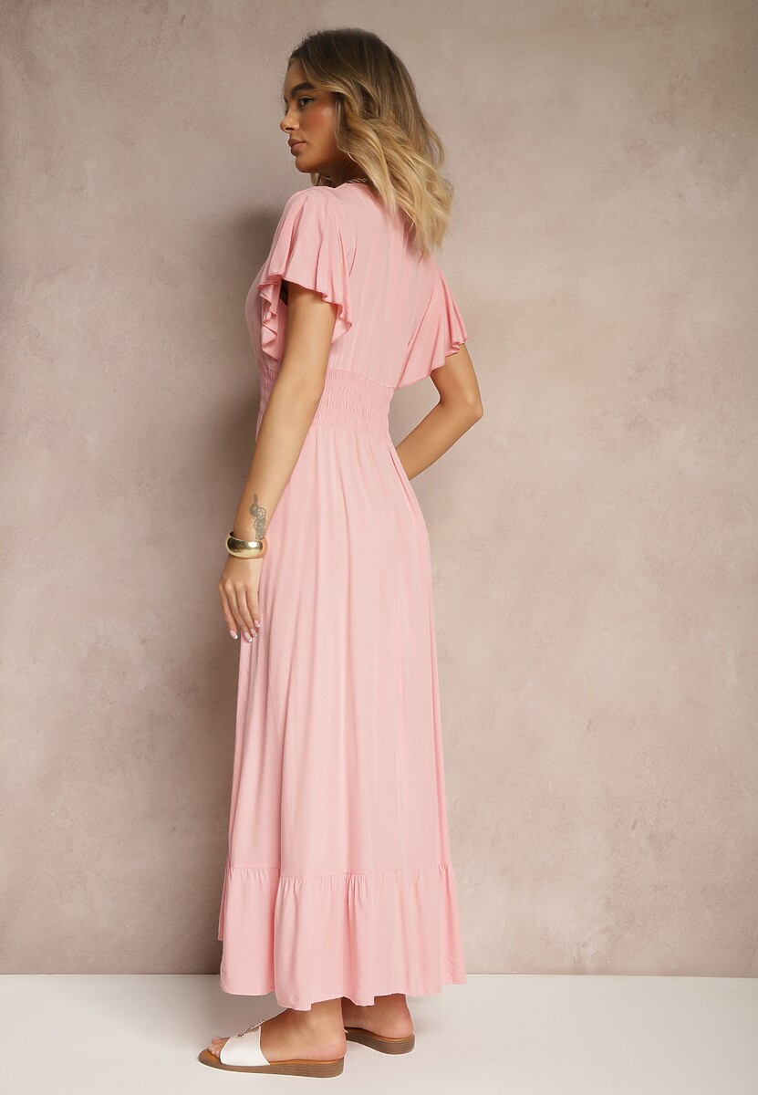 Różowa Rozkloszowana Sukienka z Wiskozy z Kopertowym Dekoltem Rellrive