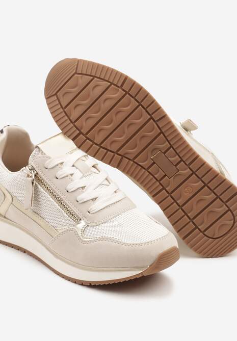 Beżowe Sneakersy Ozdobione Suwakiem i Metalicznymi Wstawkami Alua