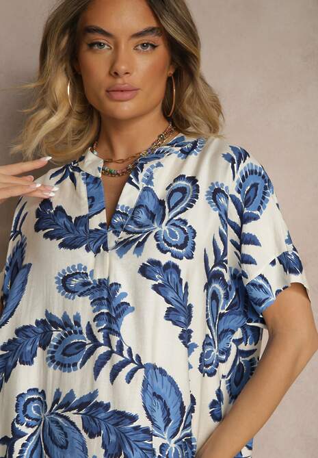 Niebieska Sukienka z Lnem i Wiskozą w Etniczne Kwiaty o Pudełkowym Kroju Natireia