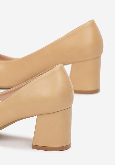 Brązowe Jednolite Czółenka z Imitacji Skóry na Niskim Słupku Drema