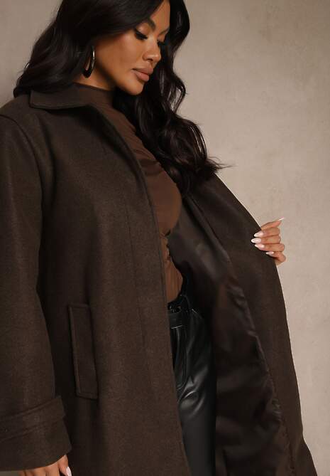 Brązowy Płaszcz Jednorzędowy z Wiskozą i Wełną Typu Trencz Maitila