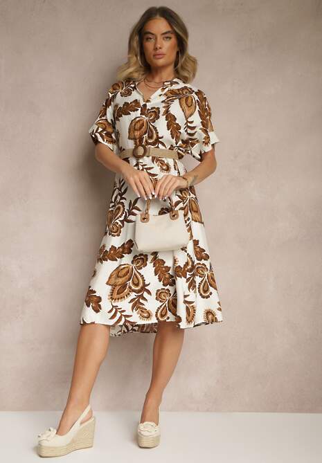 Brązowa Sukienka z Lnem i Wiskozą w Etniczne Kwiaty o Pudełkowym Kroju Natireia