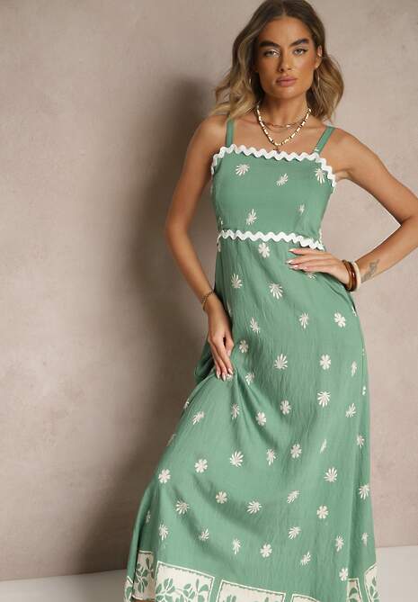 Zielona Sukienka z Wiskozy Ozdobiona Geometrycznym Motywem Lunessa