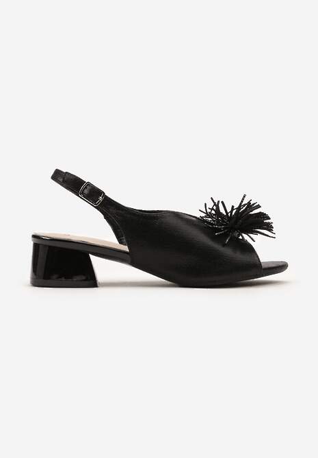 Czarne Sandały Vices na Słupku ze Skórzaną Wkładką z Pomponem i Cyrkoniami Tiraga
