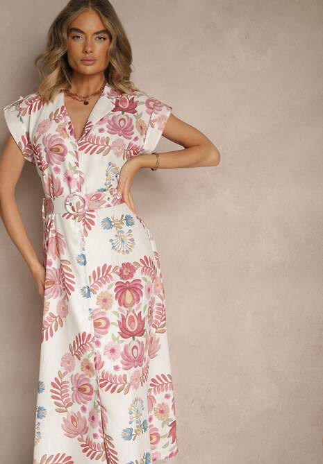 Różowa Koszulowa Sukienka z Wiskozą z Dodatkowym Paskiem Nitapinia