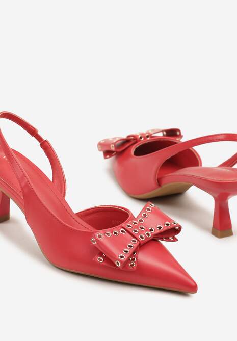 Czerwone Czółenka Sandały Vices na Kaczuszce Slingback z Kokardą i Nitami Fennadia