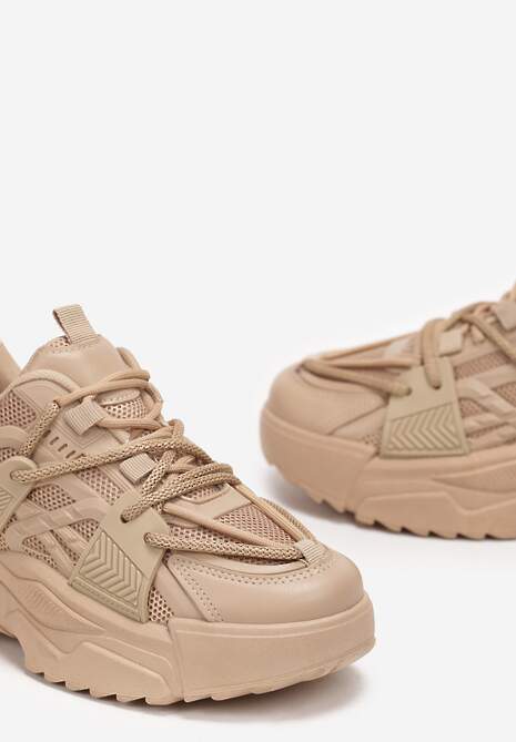 Ciemnobeżowe Sneakersy na Grubej Podeszwie z Sznurowaniem Paciva