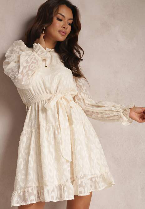 Beżowa Sukienka Koronkowa Wiązana w Pasie Crella