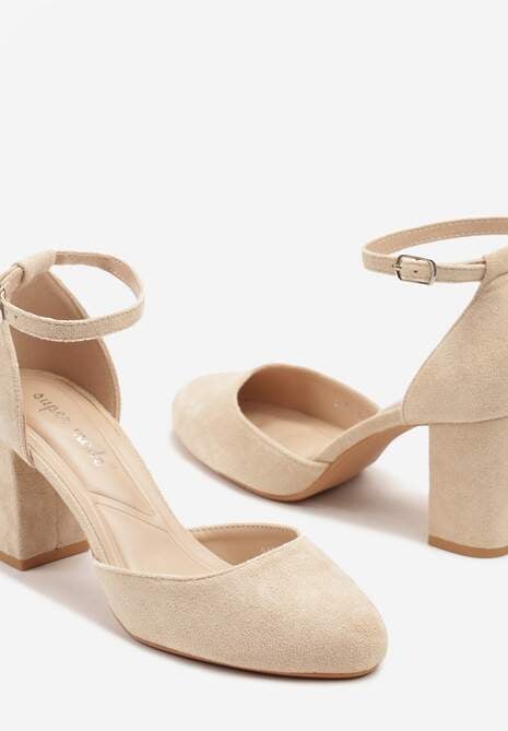 Beżowe Czółenka na Obcasie z Paskiem Wokół Kostki Erelina