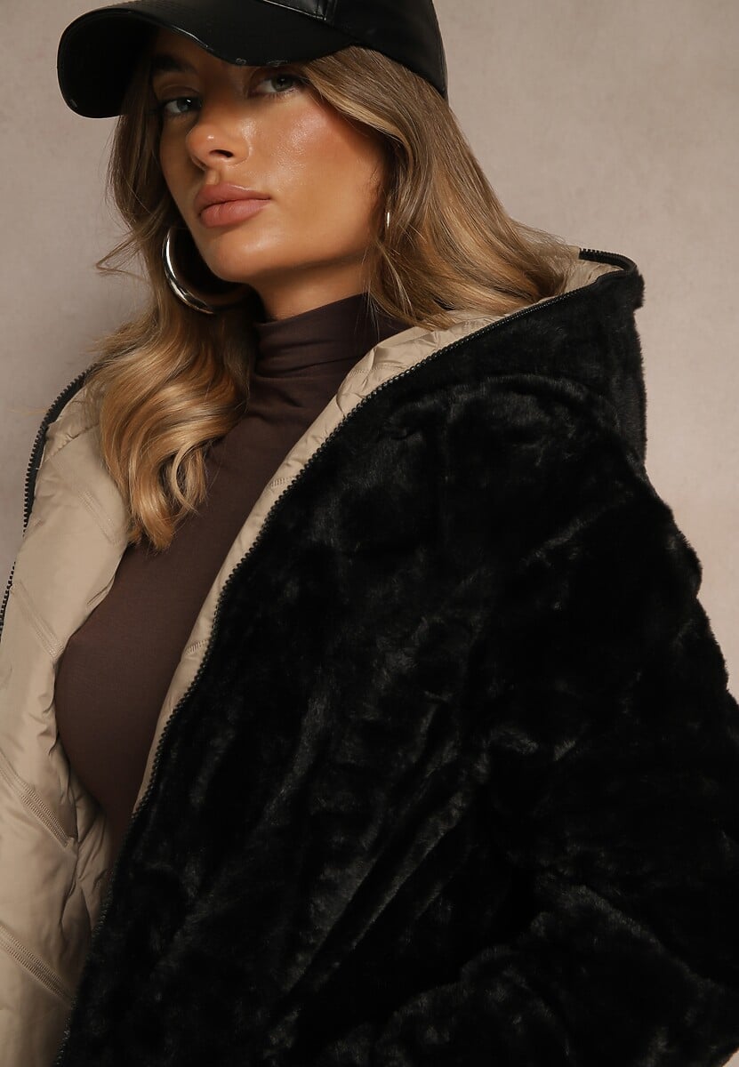 Ciemnobeżowa Dwustronna Kurtka z Kapturem Pikowanymi Przeszyciami i Futerkiem Rossalea