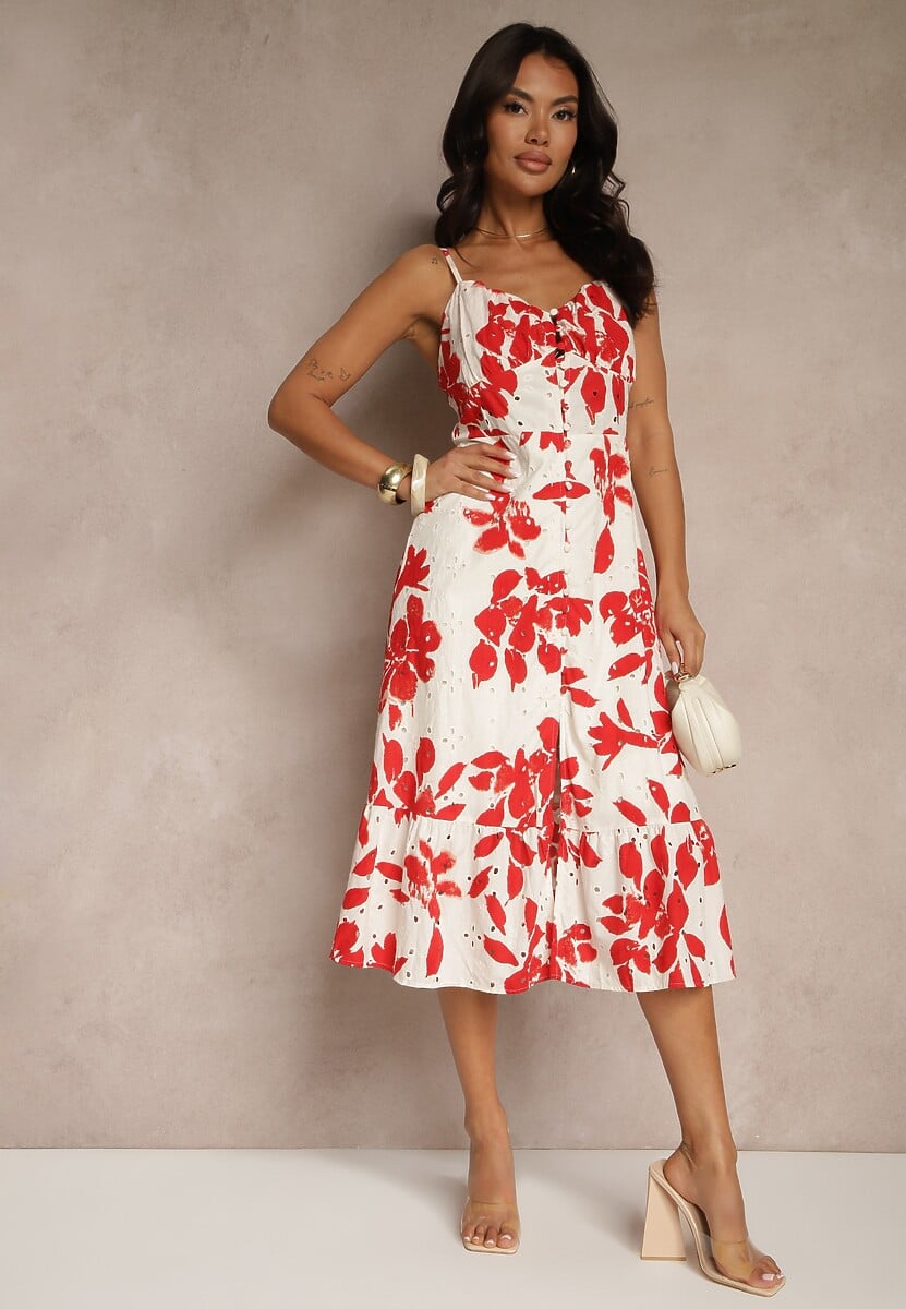 Czerwona Rozkloszowana Sukienka na Ramiączkach z Ażurowej Tkaniny z Bawełny Nitira