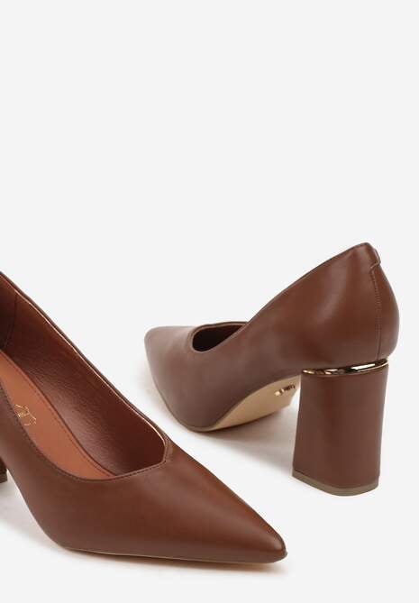 Brązowe Czółenka Vices na Geometrycznym Słupku ze Skórzaną Wkładką Modvire