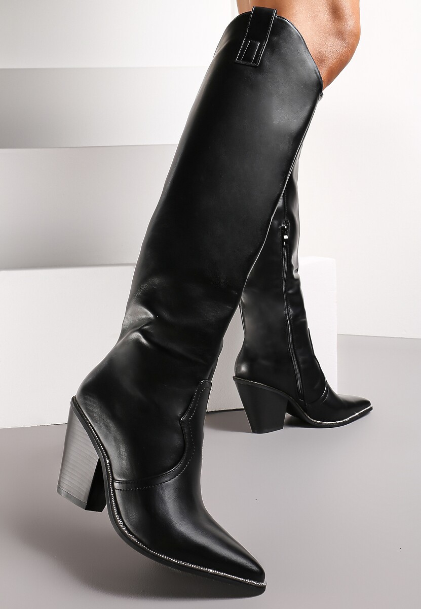 Czarne Kozaki Kowbojki do Kolana na Stożku z Drobnymi Cyrkoniami Nimai