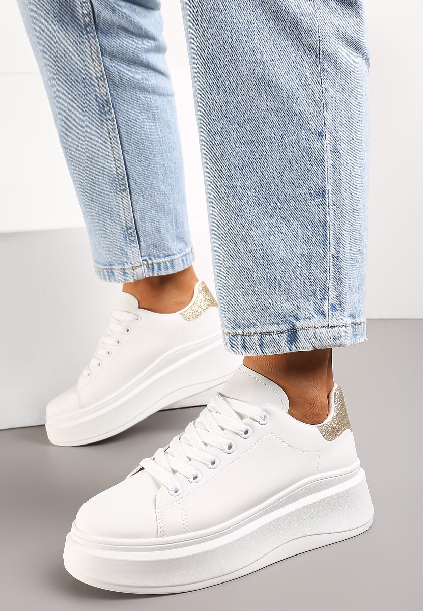 Biało-Złote Sneakersy Ozdobione Brokatem na Platformie Aeliris