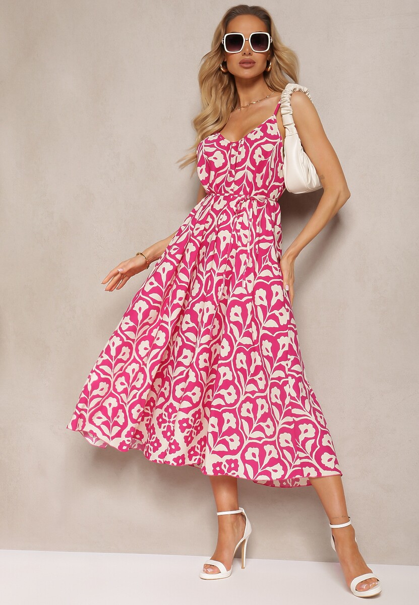 Czarno-Beżowa Trapezowa Sukienka Ściągana Troczkiem na Ramiączkach Illseta