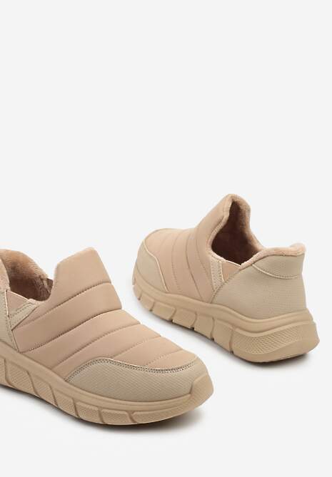 Ciemnobeżowe Sneakersy Śniegowce na Platformie z Tłoczeniem i Pikowaną Cholewką Vermina