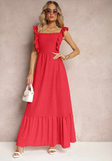 Czerwona Sukienka z Wiązaniem na Plecach na Ramiączkach z Falbankami i Gumką w Pasie Rollas