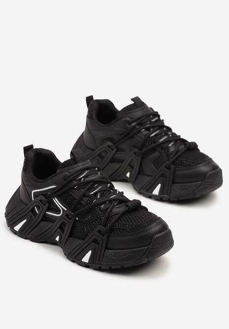 Czarne Sneakersy na Platformie z Cyrkoniami i Geometrycznym Wzorem Lavivione