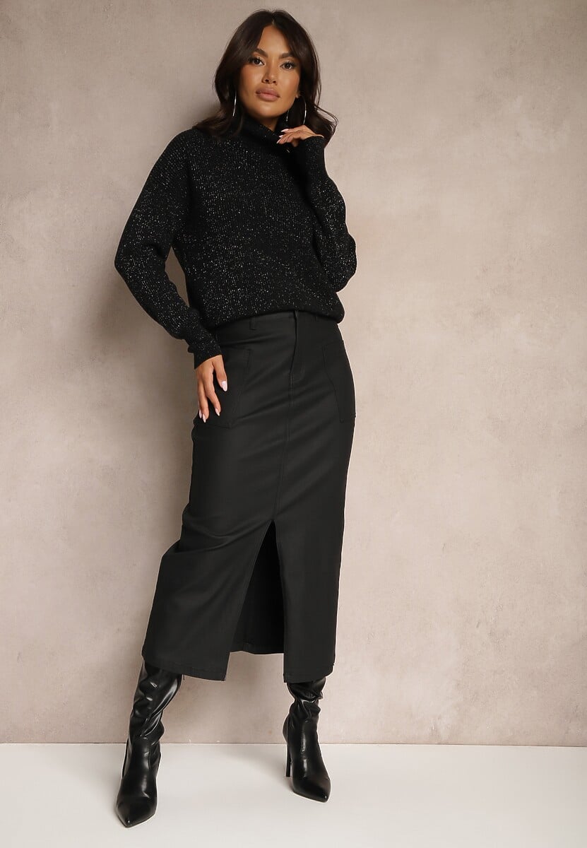 Czarna Spódnica Zapinana na Zamek z Kieszeniami i Guzikiem o Dopasowanym Fasonie Bahar