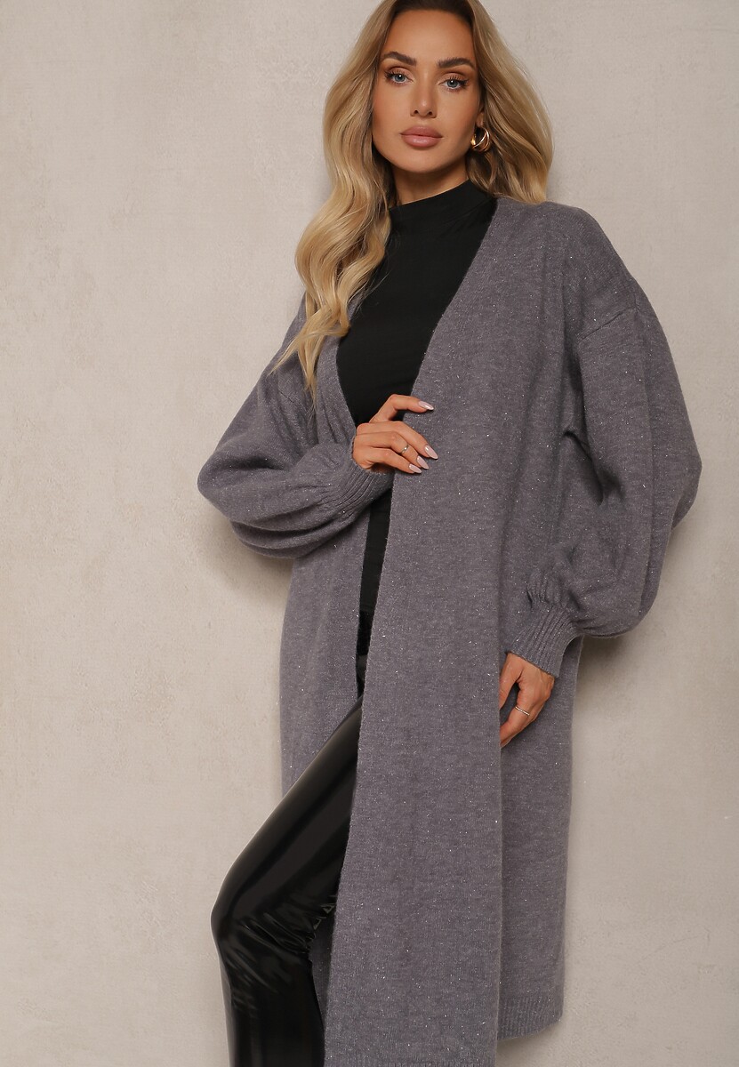 Szary Kardigan Niezapinany Ozdobiony Metaliczną Nicią Aerira