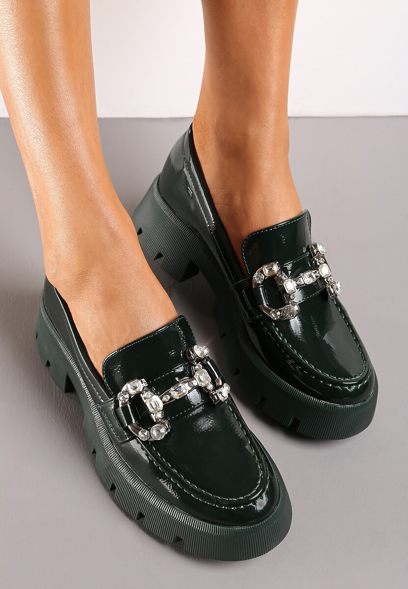 Zielone Mokasyny z Klamerką w Cyrkonie na Platformie Tawn