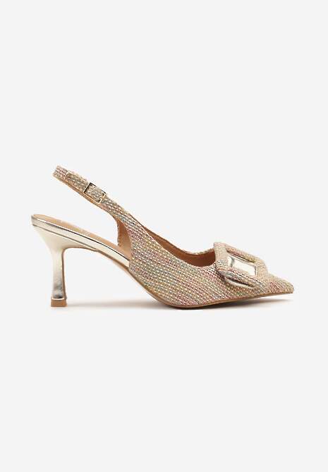 Beżowo-Złote Sandały na Szpilce Slingback Ozdobione Klamrą i Cyrkoniami Adelirs