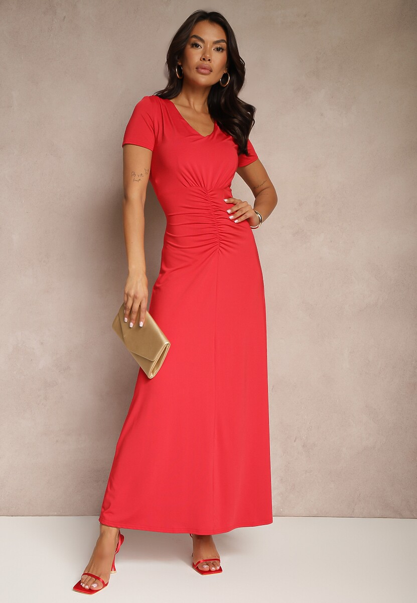 Czerwona Taliowana Sukienka z Ozdobnymi Marszczeniami i Domieszką Wiskozy Avenile