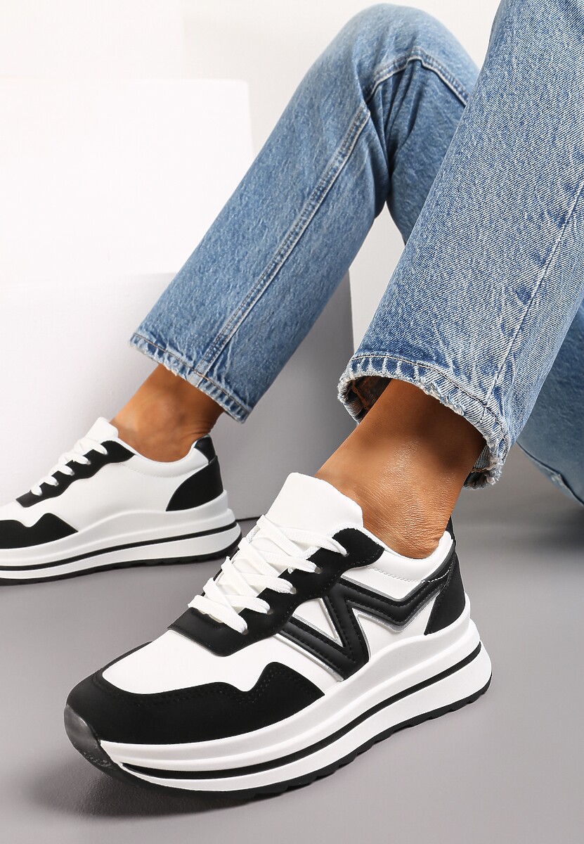 Czarne Sznurowane Sneakersy z Ekoskóry na Grubej Podeszwie Literna