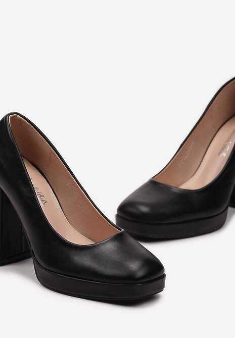 Czarne Stylowe Czółenka na Geometrycznym Słupku z Gładkiej Ekoskóry Salvael