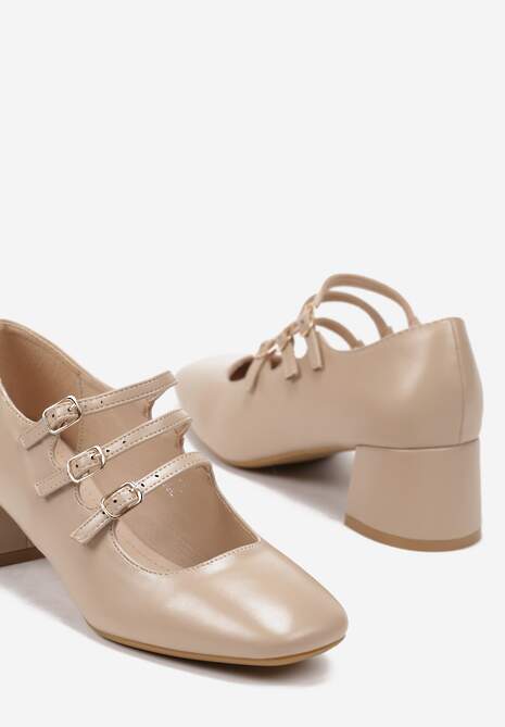 Beżowe Czółenka na Słupku Ozdobione Paskami Zapinanymi na Sprzączki Santinsa