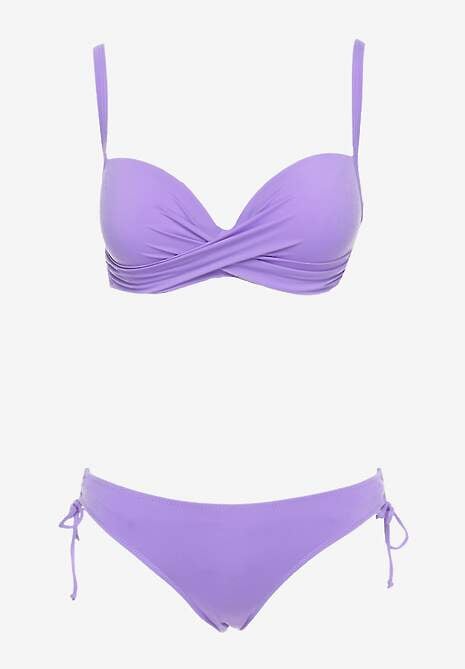 Fioletowe Bikini Biustonosz na Cienkich Ramiączkach z Regulacją i 2 Pary Majtek z Wiązaniem i Regulacją Pammarie