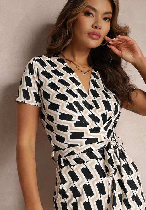 Beżowy Geometryczny Kombinezon z Krótkim Rękawem i Szerokimi Nogawkami Alayia