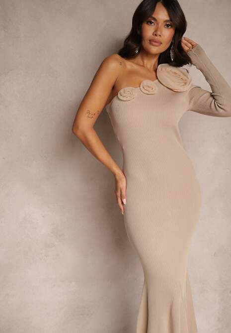 Ciemnobeżowa Asymetryczna Sukienka Koktajlowa z Kwiatami Issalea