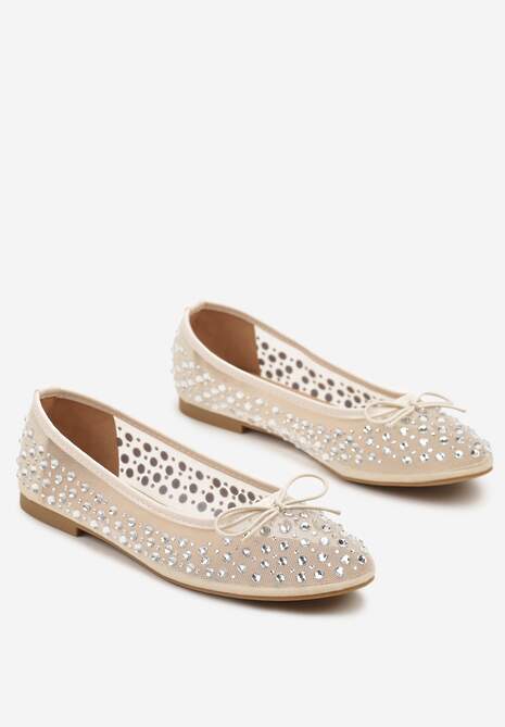 Jasnobeżowe Siateczkowe Balerinki Zdobione Cyrkoniami i Kokardką Revia