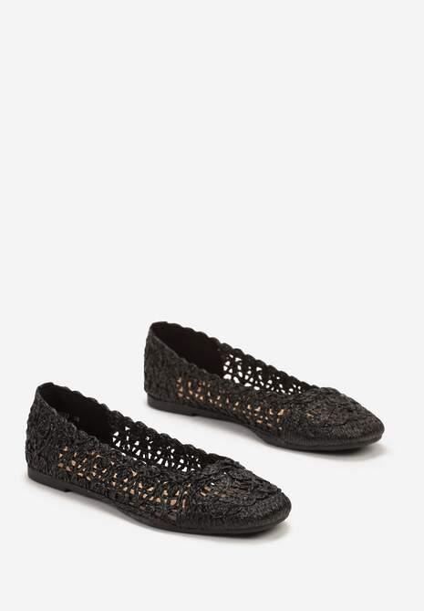 Czarne Balerinki na Płaskiej Podeszwie z Ażurowym Wzorem z Plecionki Erolani