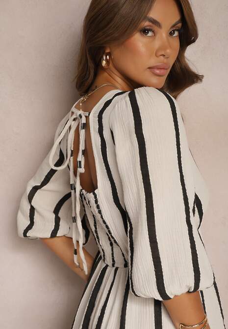 Biało-Czarna Bawełniana Sukienka w Paski o Rozkloszowanym Kroju Legelia