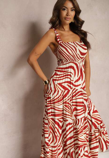 Czerwono-Beżowa Sukienka z Wiskozy na Ramiączkach o Rozkloszowanym Kroju Odcinana pod Biustem Mezorea